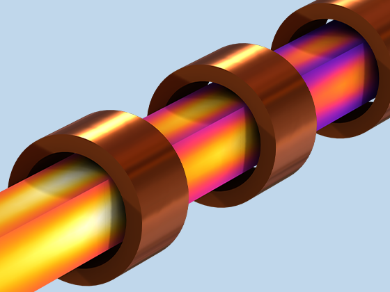 A close-up view of the temperature and electromagnetic fields of a steel billet model.